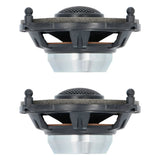 Two VIBE coaxial speakers in side profile, showing their baskets, silver magnets and raised tweeters