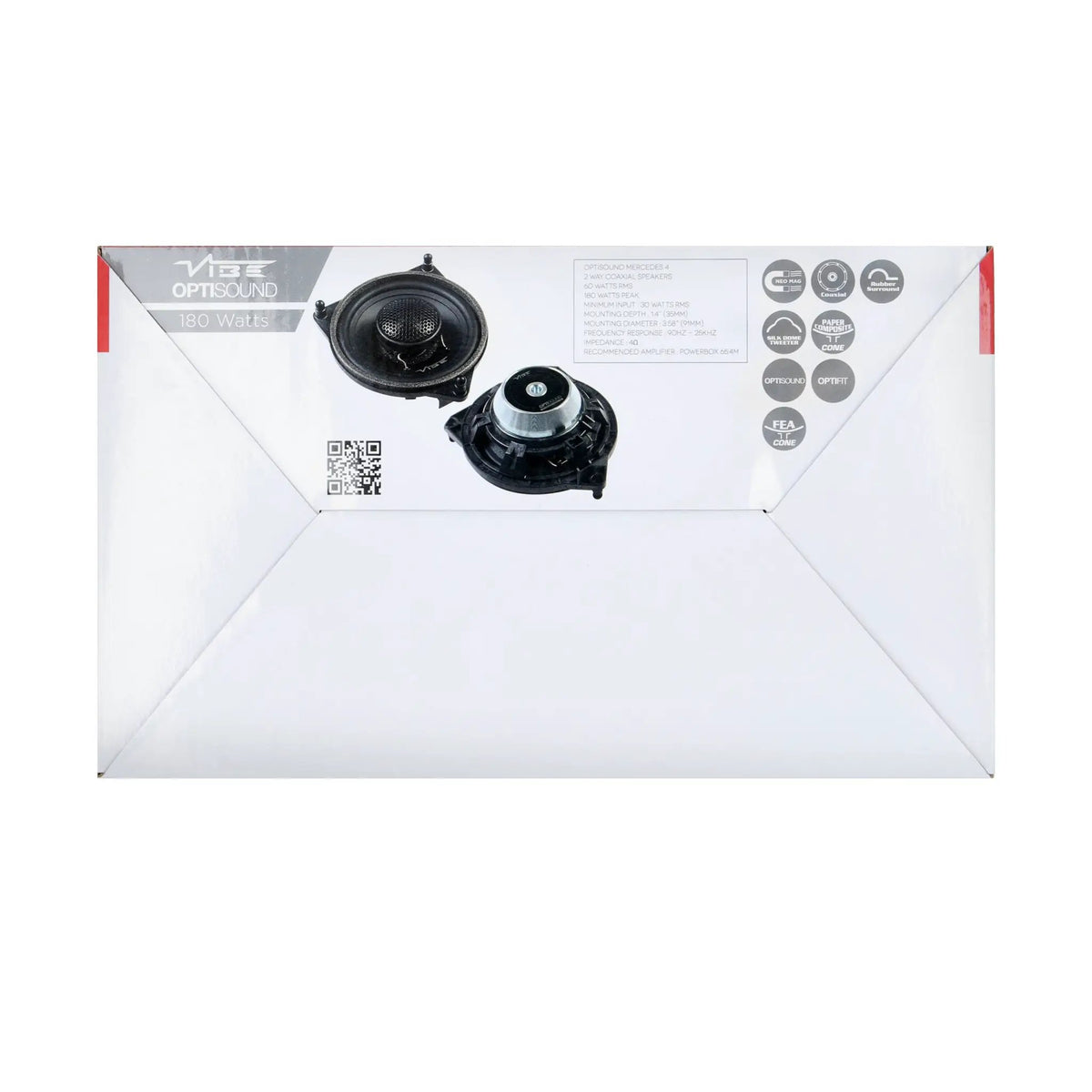 VIBE Mercedes 4 coaxial-speaker packaging showing 60 watts RMS, 180 watts peak and feature icons
