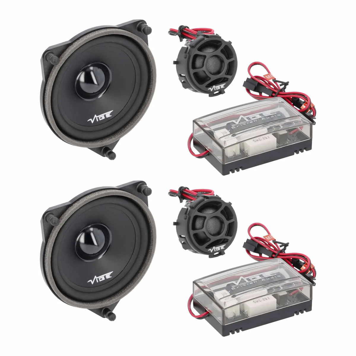 VIBE component speaker set with two woofers, two tweeters and clear-cased crossovers
