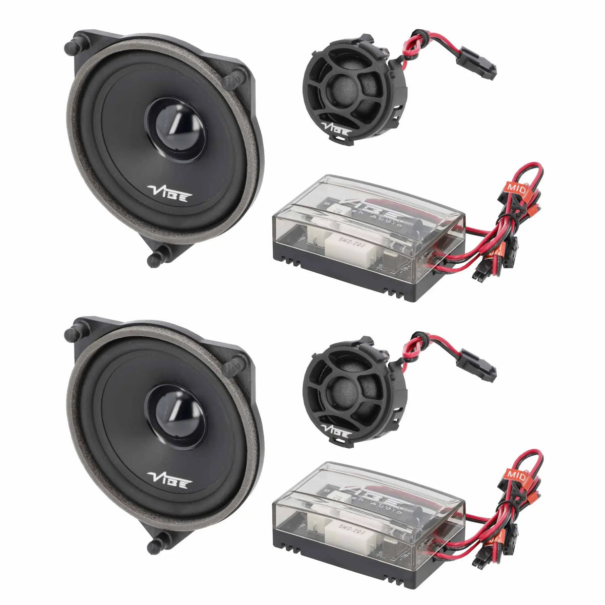 Two VIBE component speakers with separate tweeters and clear-covered crossover modules