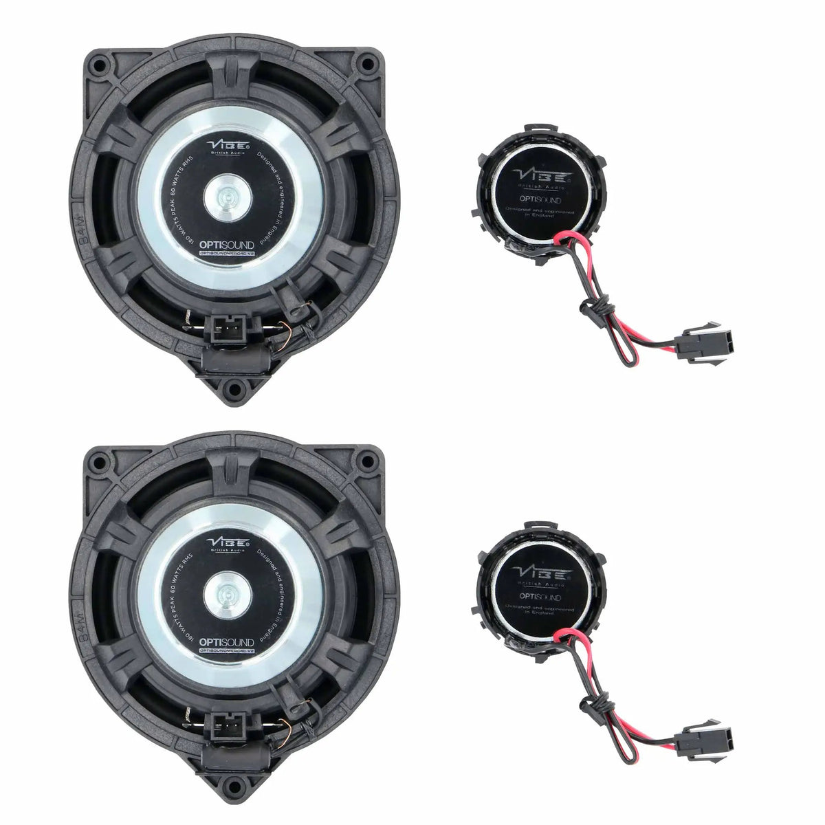 VIBE component speaker rear views with two separate tweeters and attached connector leads