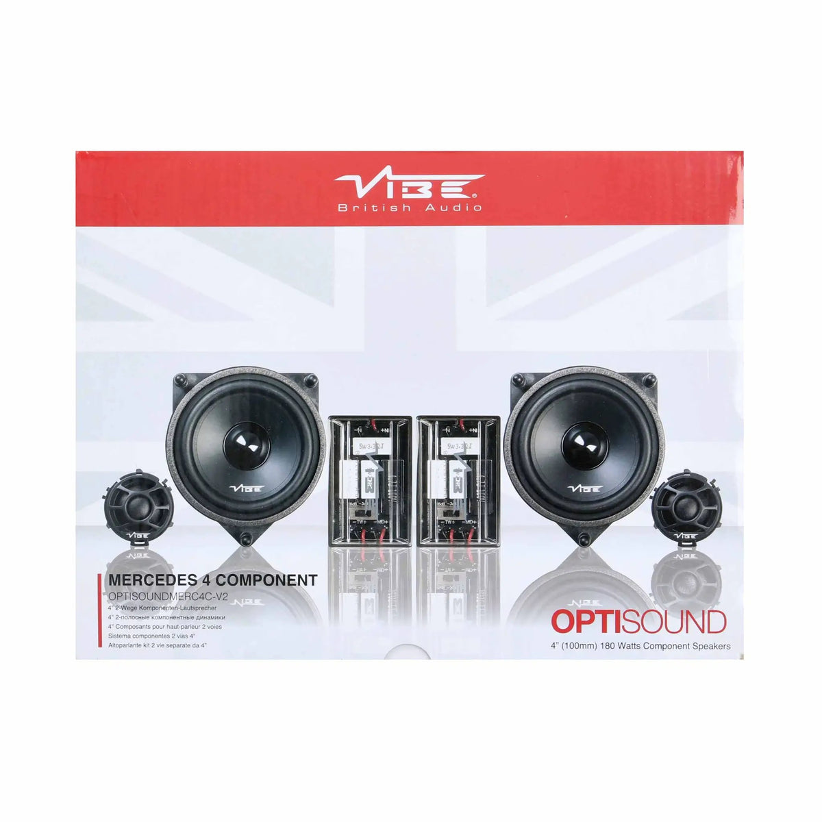 VIBE OPTISOUND Mercedes component speaker packaging front showing speakers, tweeters and crossovers