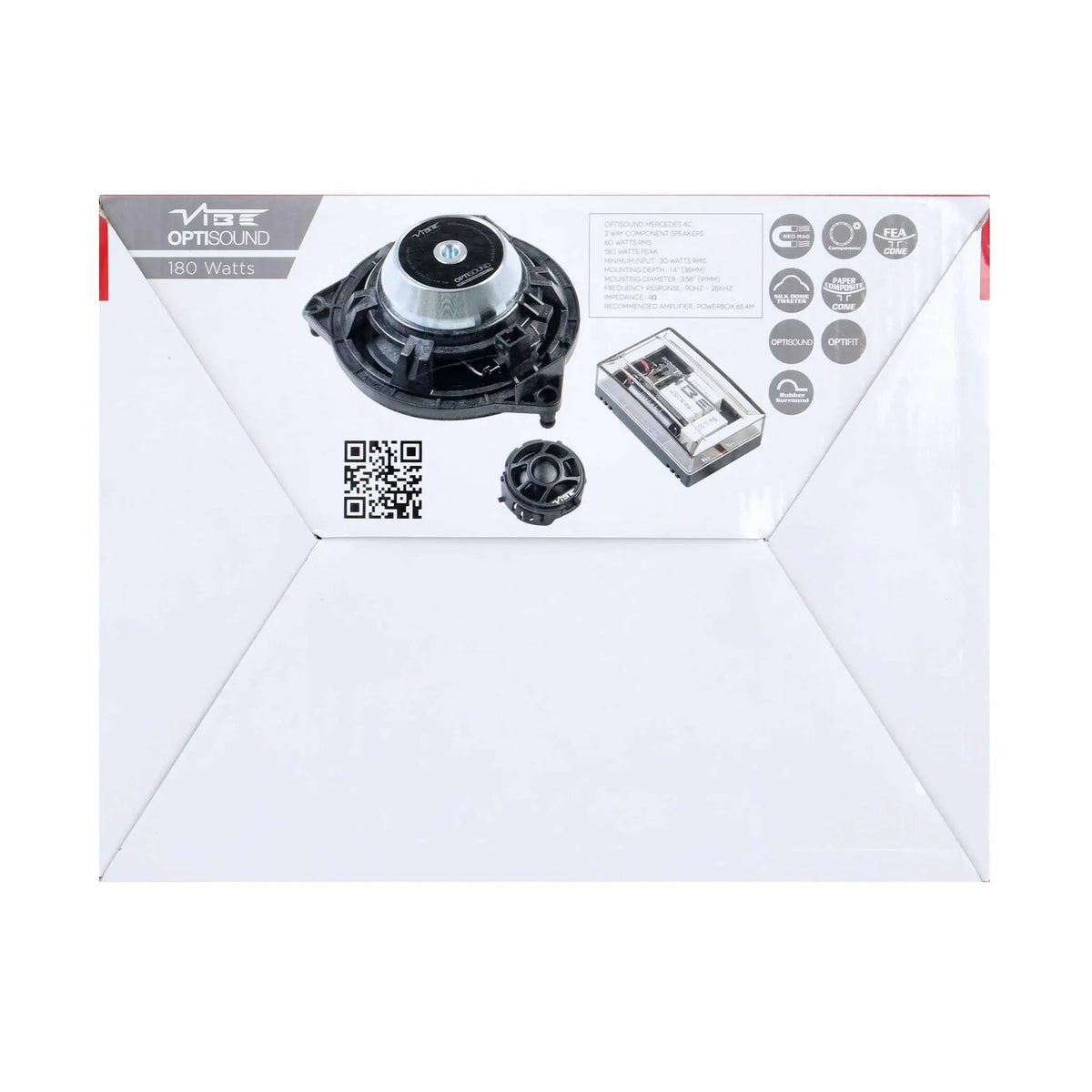 VIBE Mercedes 4C component-speaker packaging showing woofer, tweeter, crossover and 60-watt RMS rating