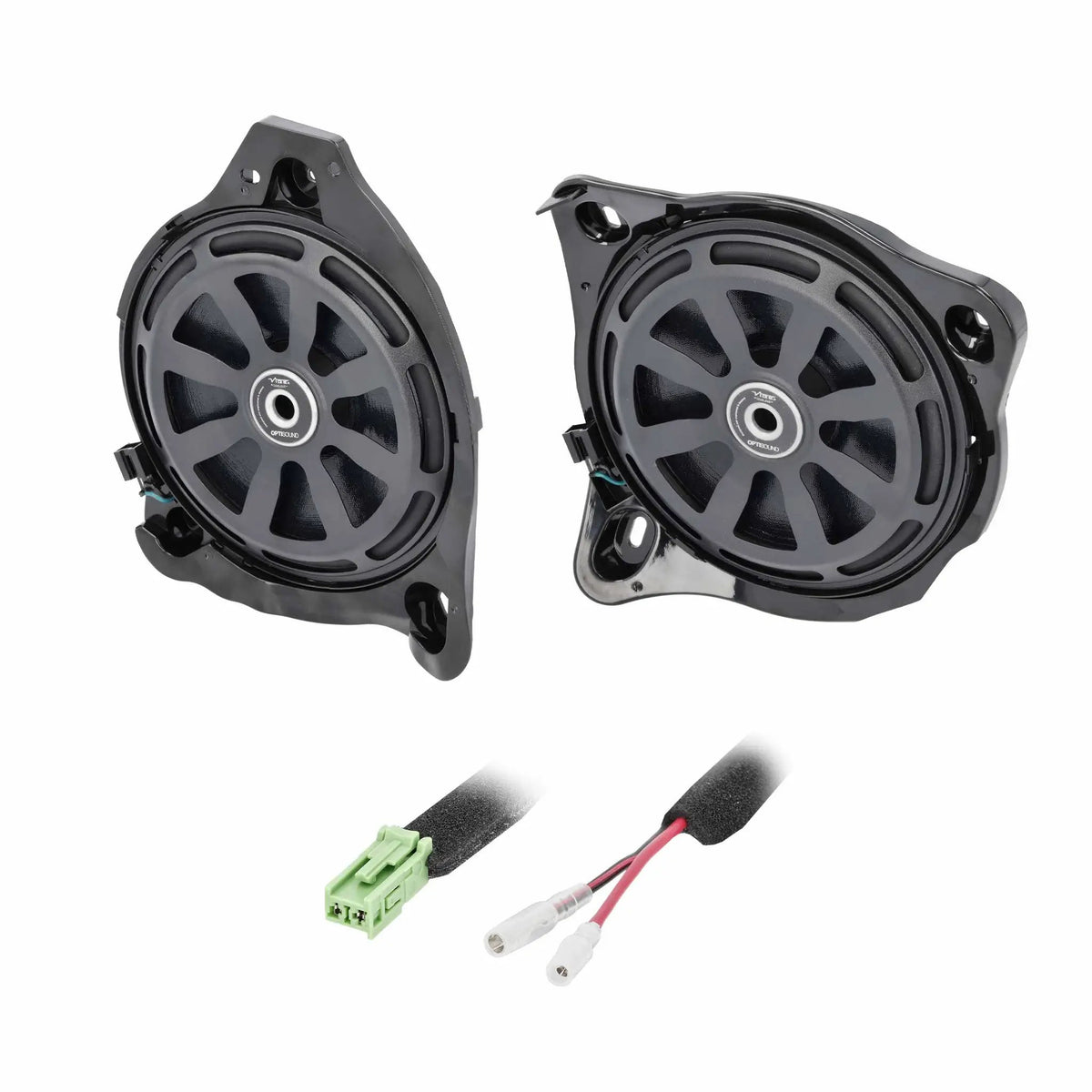 Angled view of two shallow speaker assemblies with green connector and terminal leads