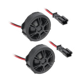 Two round black tweeters with spoke grilles and red-and-black connector leads