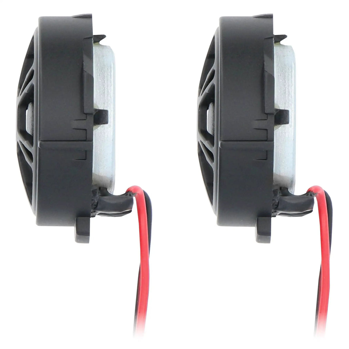 Side view of two compact tweeters with red and black leads