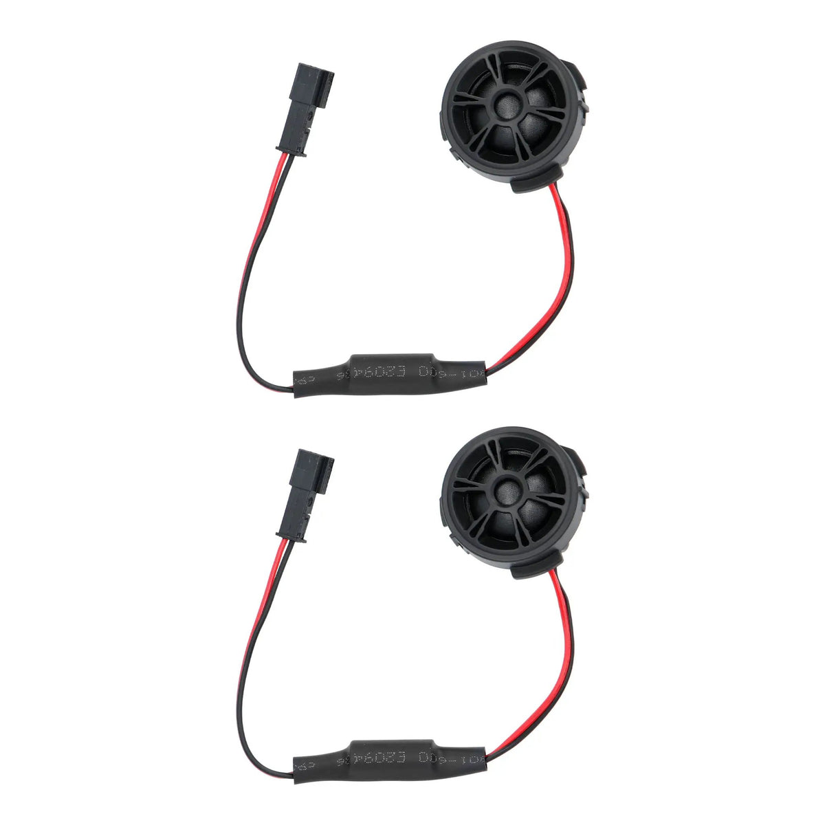 Pair of black tweeters with inline wired components and connector plugs