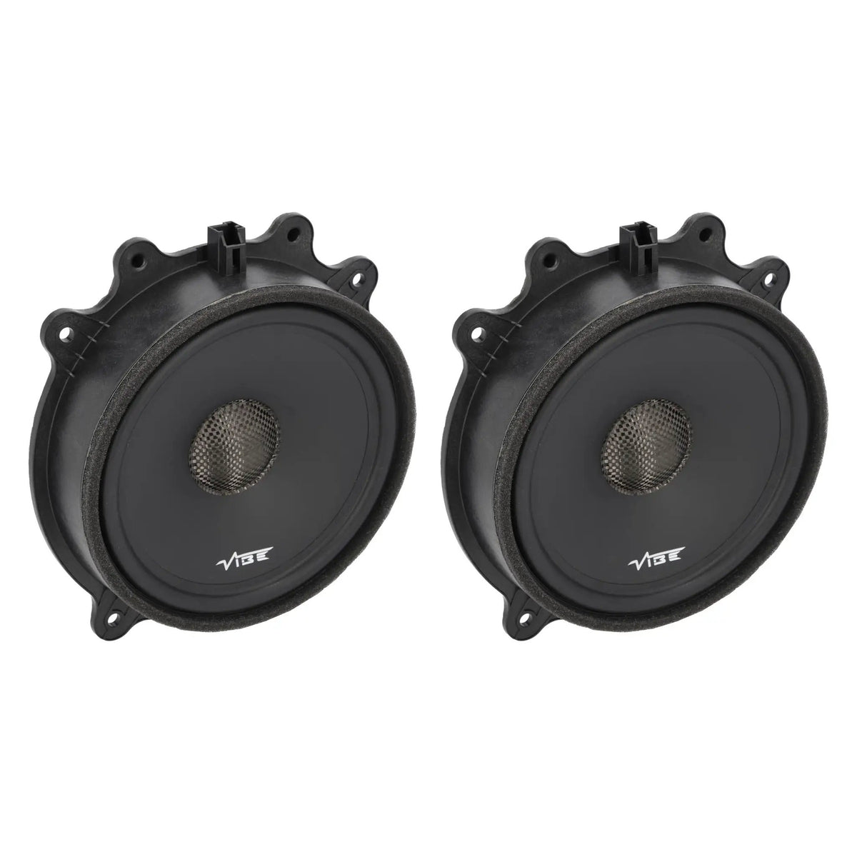 Angled pair of black VIBE speakers with mesh center caps and molded mounting tabs