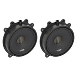 Angled pair of black VIBE speakers with mesh center caps and molded mounting tabs