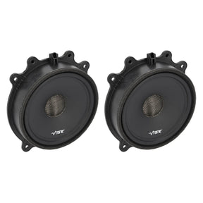 Angled pair of black VIBE speakers with mesh center caps and molded mounting tabs