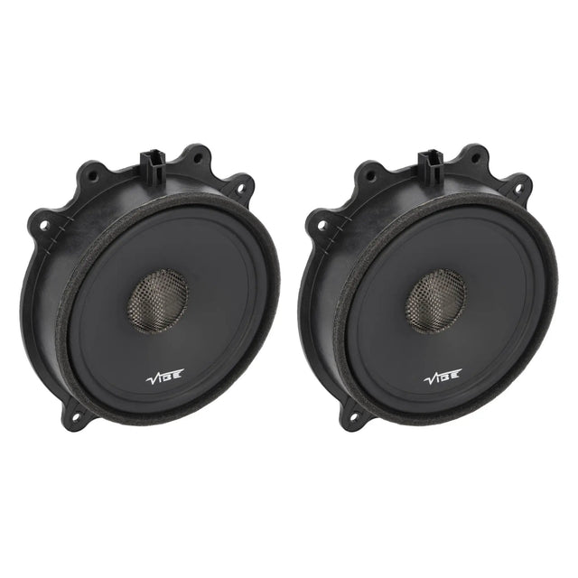 Angled pair of black VIBE speakers with mesh center caps and molded mounting tabs