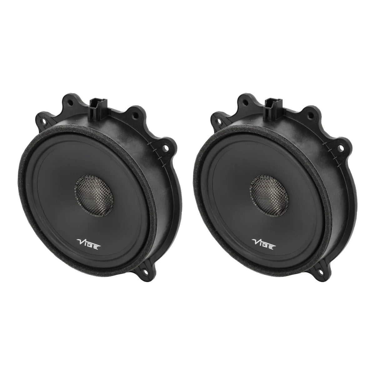 Opposite angled views of two black VIBE speakers with mesh center caps and molded mounting tabs