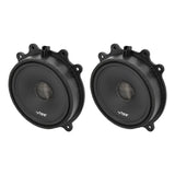 Opposite angled views of two black VIBE speakers with mesh center caps and molded mounting tabs