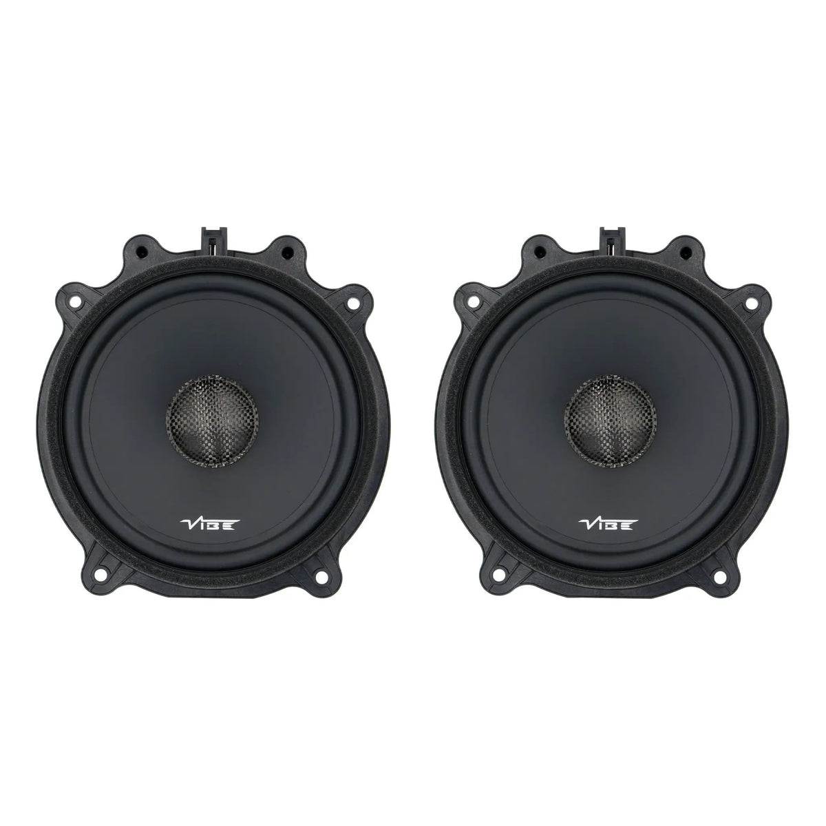 Pair of black VIBE speakers with mesh center caps and mounting tabs around the rim
