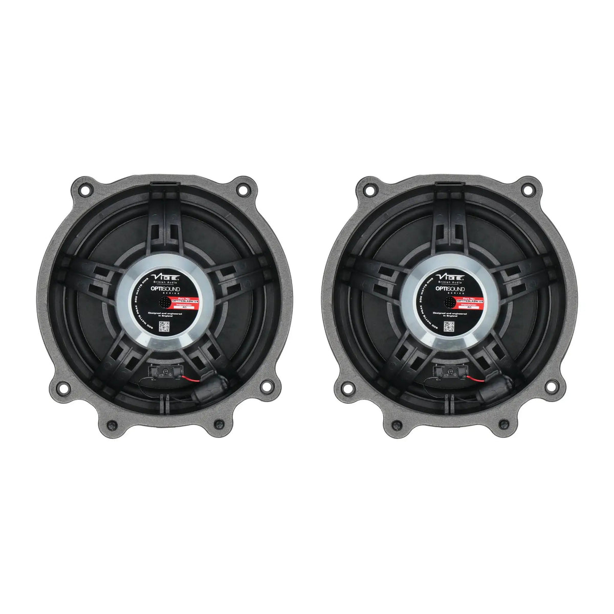 Two VIBE midwoofers viewed from the rear, showing their baskets, magnets and labels