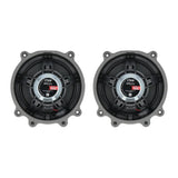 Two VIBE midwoofers viewed from the rear, showing their baskets, magnets and labels