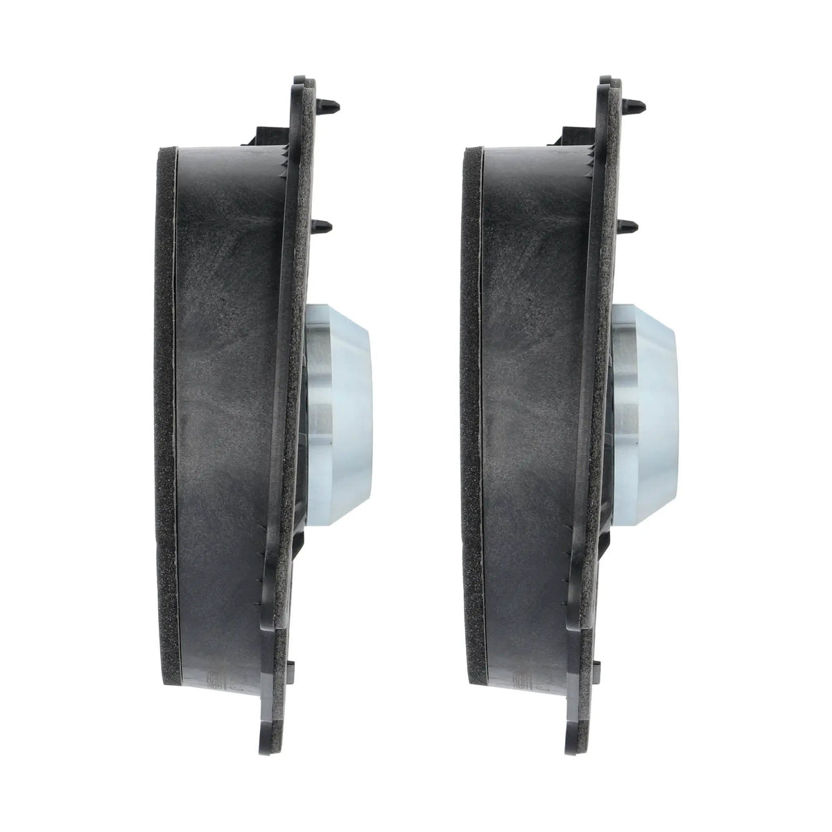 Side profiles of two VIBE Tesla midwoofers, showing the deep baskets and silver magnets