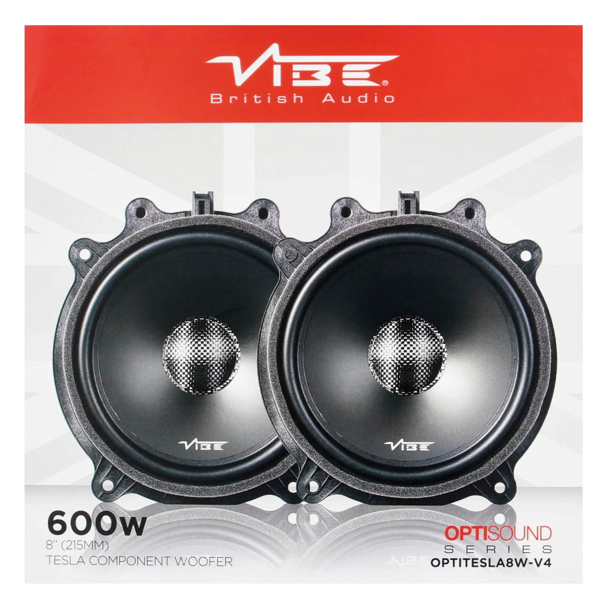 VIBE OPTISOUND Tesla woofer packaging front with two speaker illustrations and 600W marking