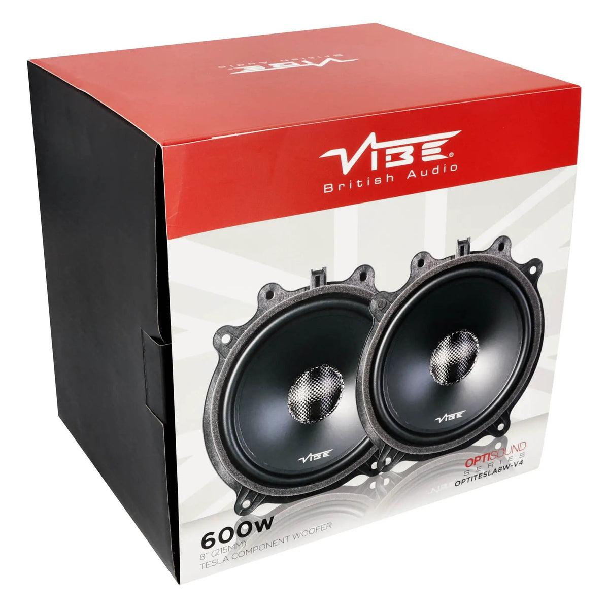 VIBE OPTISOUND Tesla woofer retail box at an angle with printed speaker illustrations