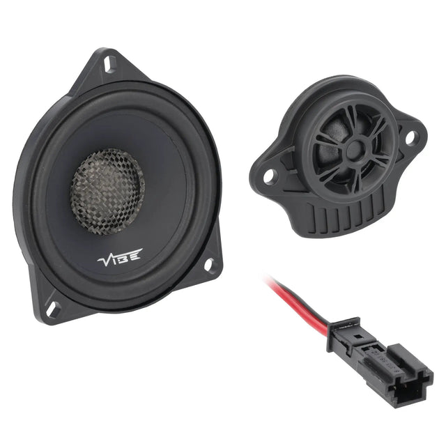 VIBE speaker and separate tweeter with black wiring connector, angled front view