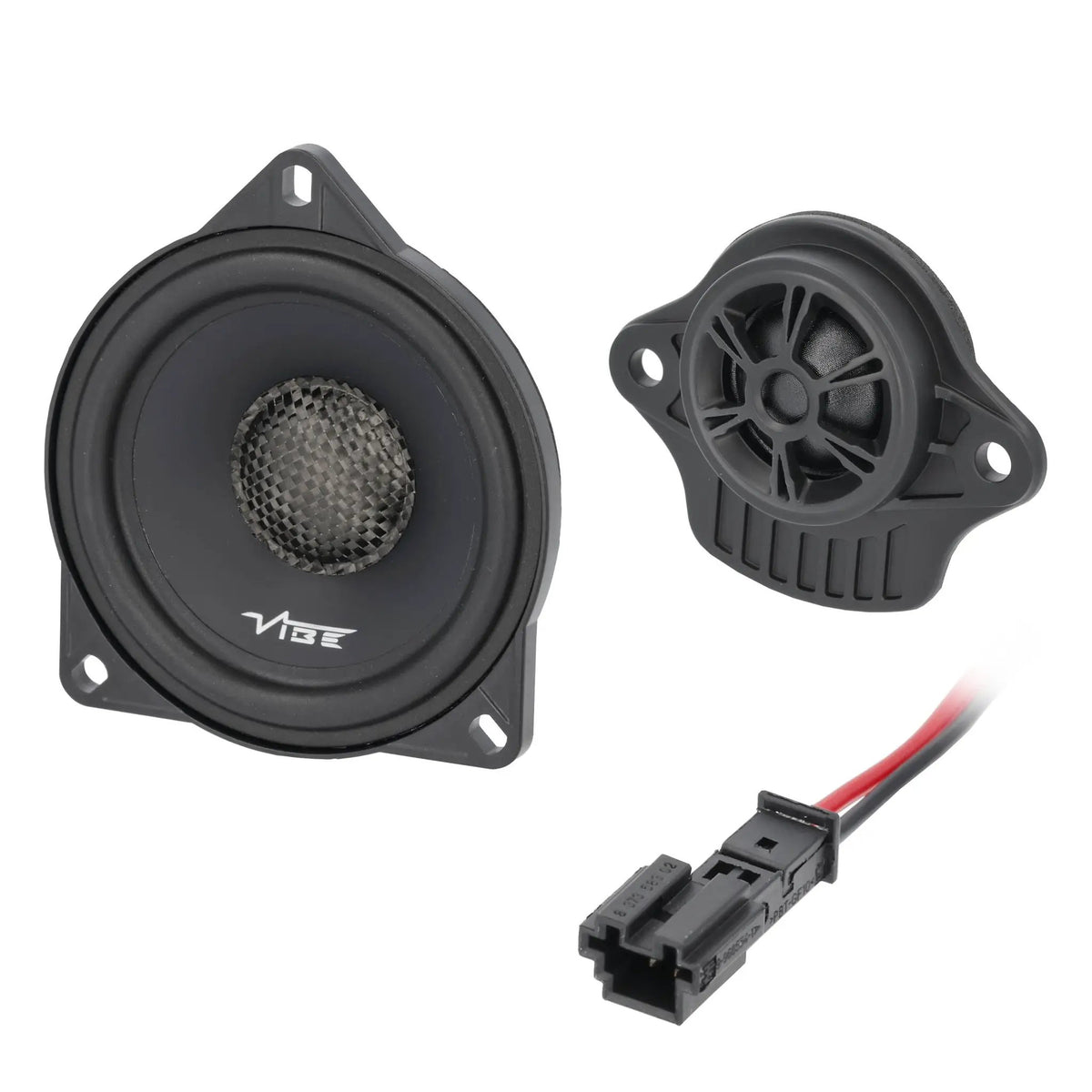 VIBE speaker and separate tweeter with black wiring connector, opposite angled view