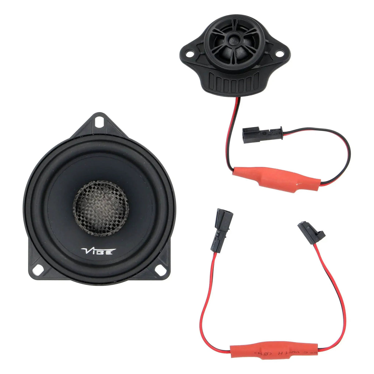 VIBE speaker, separate tweeter and red inline wiring modules laid out on white