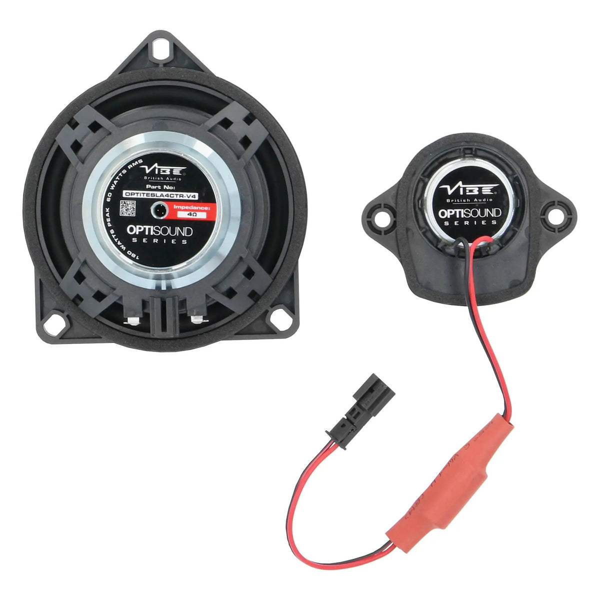 Rear view of VIBE speaker and tweeter with OPTISOUND labels and wiring