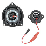 Rear view of VIBE speaker and tweeter with OPTISOUND labels and wiring