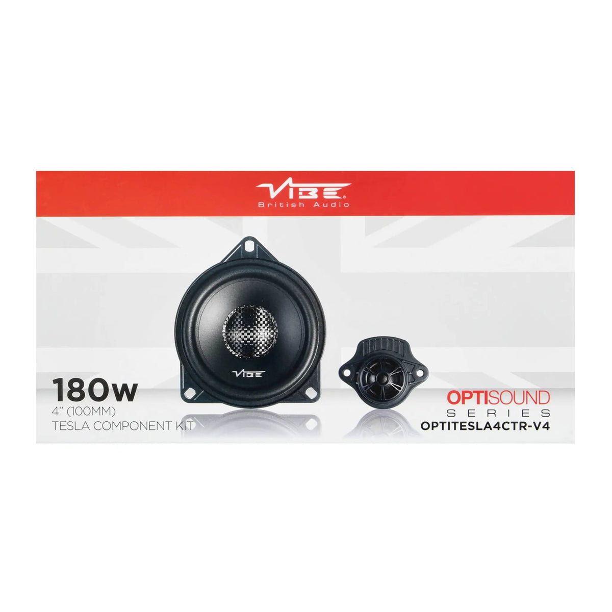 VIBE OPTISOUND Tesla center-speaker packaging front showing a midrange driver, tweeter and 180W marking