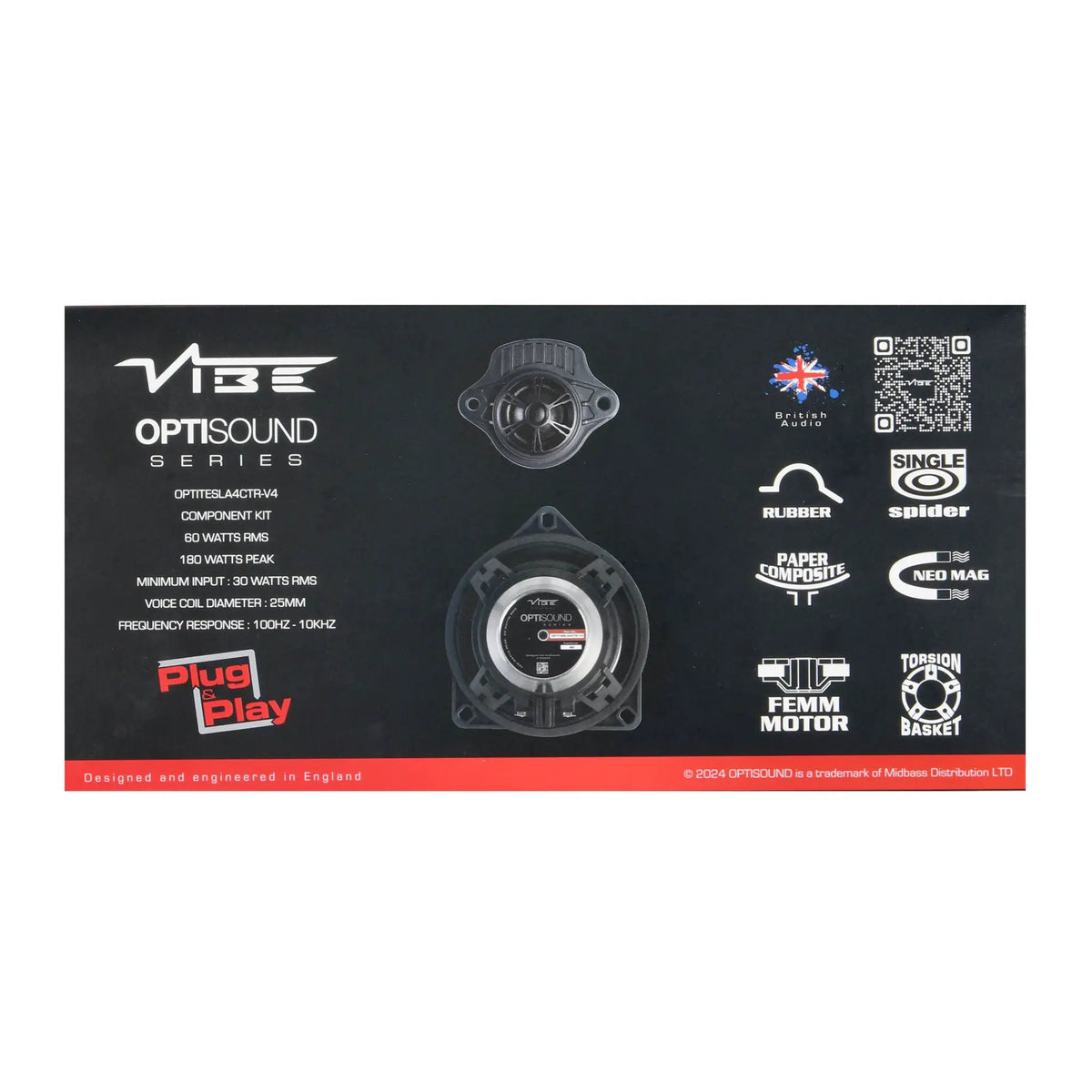 VIBE Tesla center-speaker packaging listing 60 watts RMS, 180 watts peak and construction features