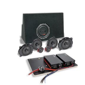 VIBE audio kit with a loaded enclosure, four speakers, two tweeters and amplifiers on a wired mounting panel