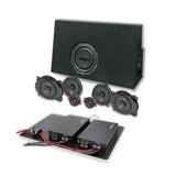 VIBE audio components with an upright loaded enclosure, oval and round speakers, tweeters and a prewired amplifier board