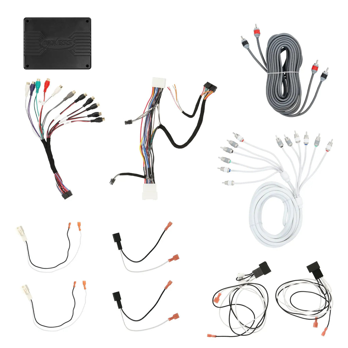 Axxess interface with wiring harnesses, black and white RCA cables and speaker adapters