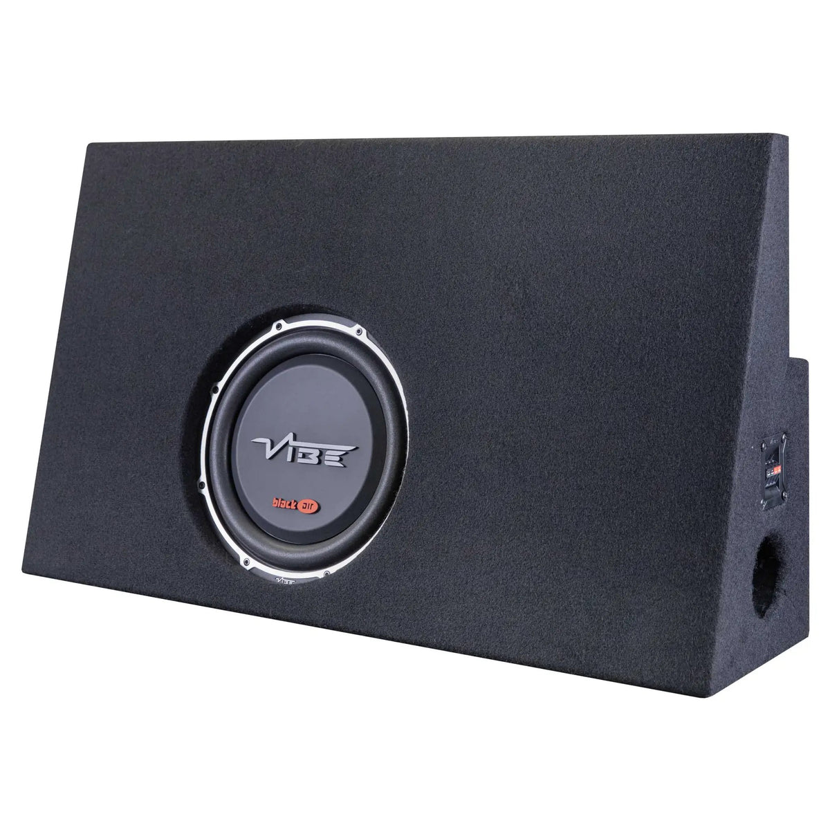 Angled black carpeted VIBE subwoofer enclosure with a side port and terminal cup