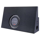 Angled black carpeted VIBE subwoofer enclosure with a side port and terminal cup