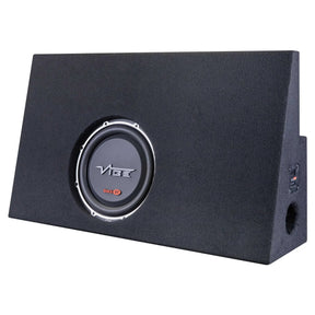 Angled black carpeted VIBE subwoofer enclosure with a side port and terminal cup