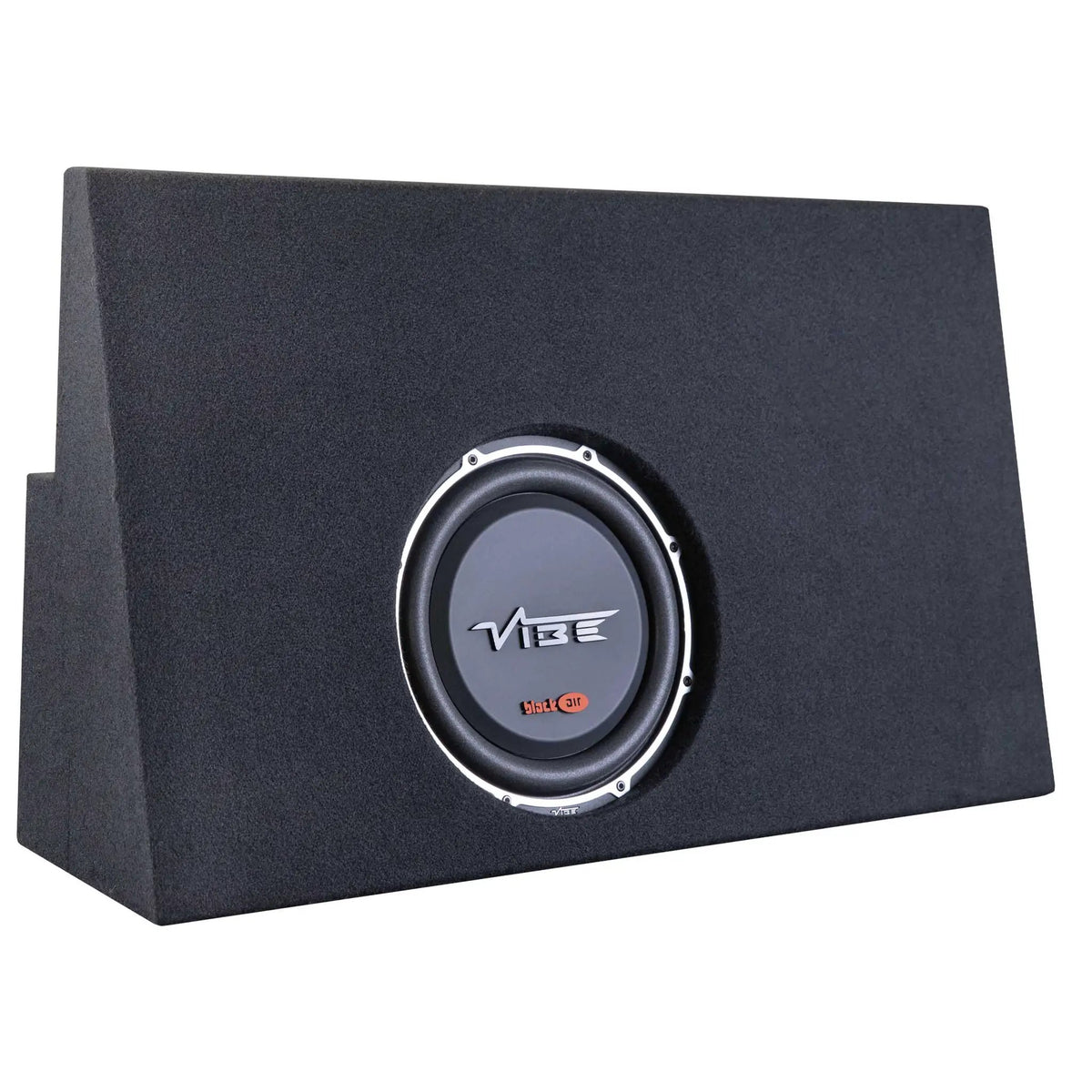 Angled front view of a wedge-shaped carpeted VIBE subwoofer enclosure