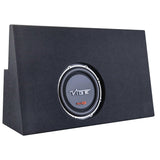 Angled front view of a wedge-shaped carpeted VIBE subwoofer enclosure