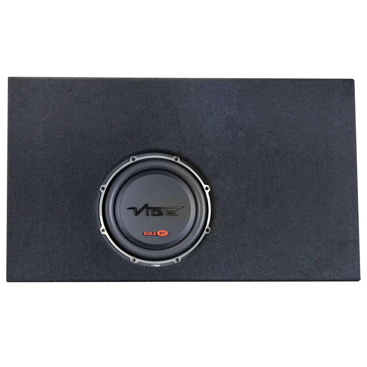 Front view of a carpeted enclosure with a VIBE subwoofer below the center of the panel