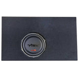 Front view of a carpeted enclosure with a VIBE subwoofer below the center of the panel
