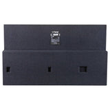 Rear view of a carpeted enclosure with three recessed mounting points and a VIBE identification label