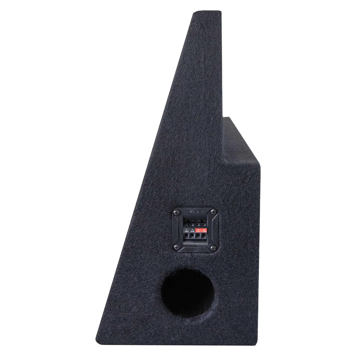 VIBE carpeted subwoofer enclosure end view showing its terminal panel and round bass port