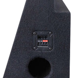 VIBE subwoofer enclosure close-up showing the terminal panel above its round bass port