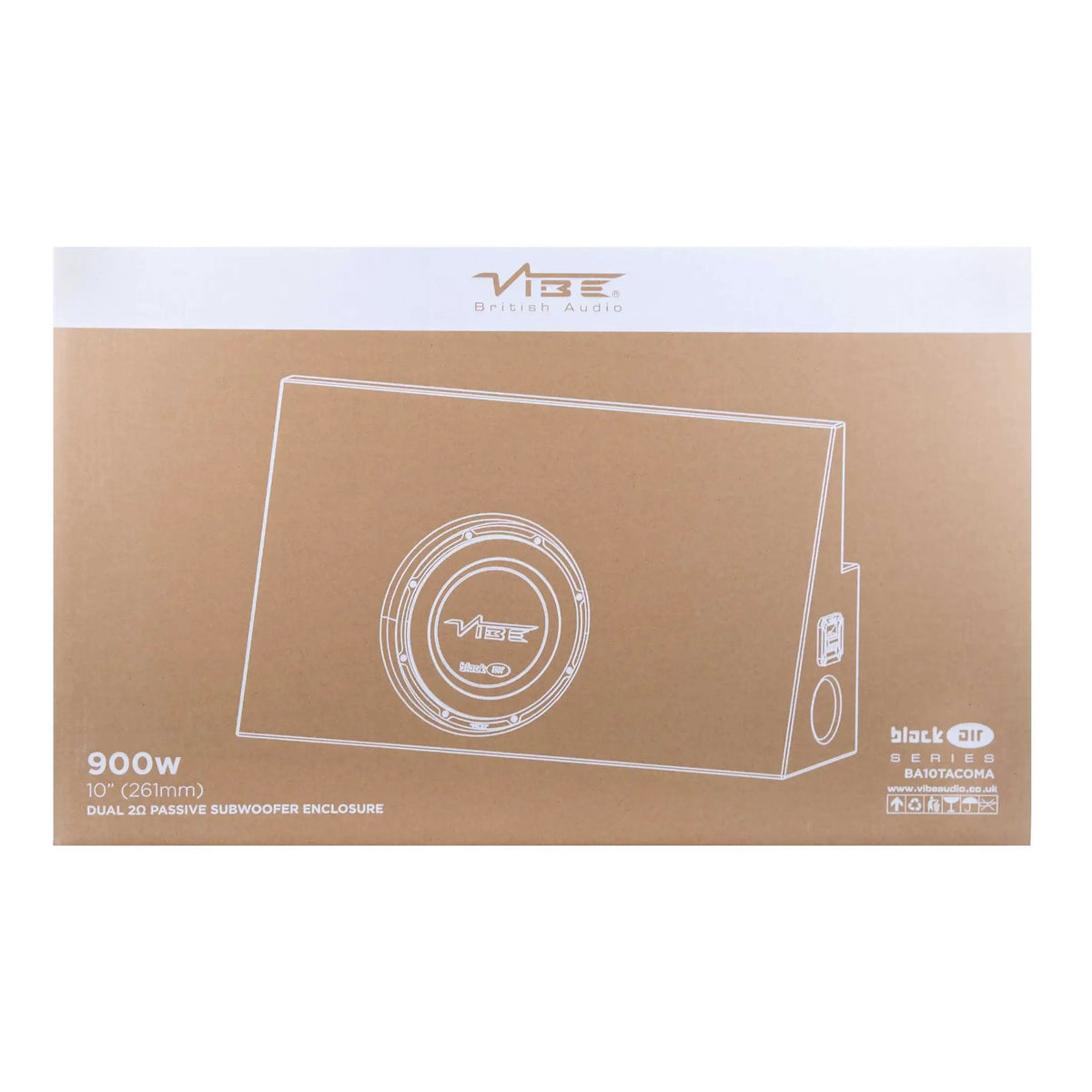 VIBE Black Air retail box with a wedge-shaped enclosure drawing and printed 10-inch and dual-2-ohm markings