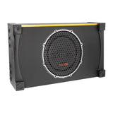 Angled front view of a VIBE subwoofer enclosure with a round grille, yellow trim and side mounting brackets
