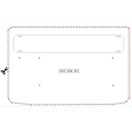 VIBE enclosure trim template with a dashed cut line and a This Side Out orientation label