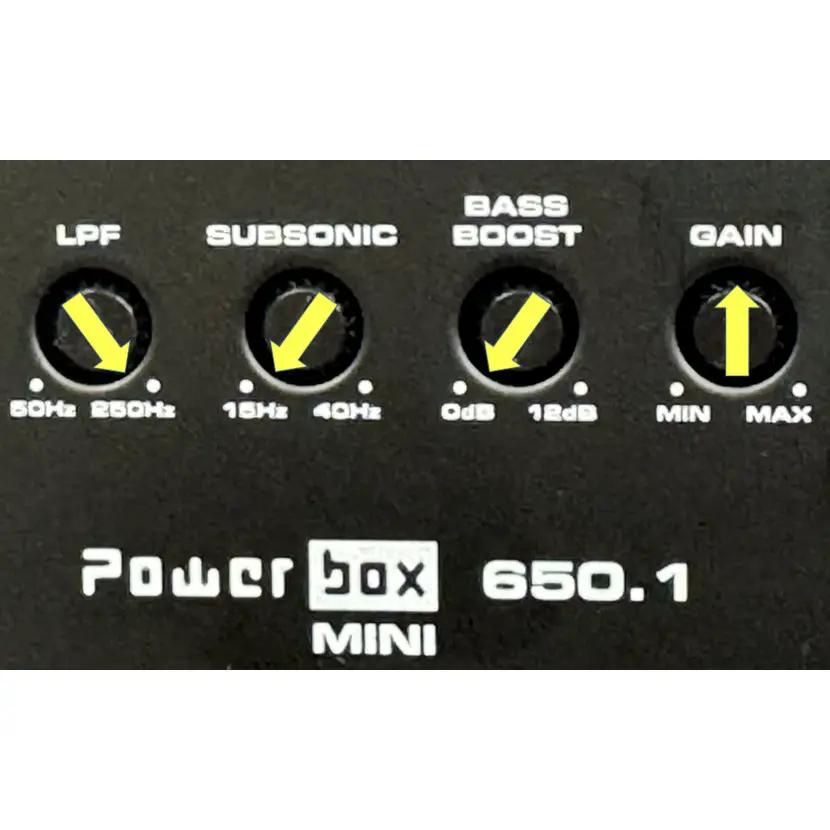 Powerbox 650.1 Mini settings guide: maximum low-pass, minimum subsonic and bass boost, and gain at the midpoint
