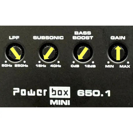 Powerbox 650.1 Mini settings guide: maximum low-pass, minimum subsonic and bass boost, and gain at the midpoint