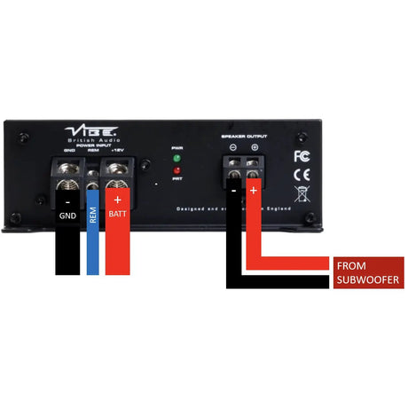 VIBE amplifier wiring diagram identifying ground, remote, battery and subwoofer terminals