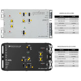 Line-output converter setup chart showing noon gain positions, four-channel input, DC turn-on and 20-ohm load